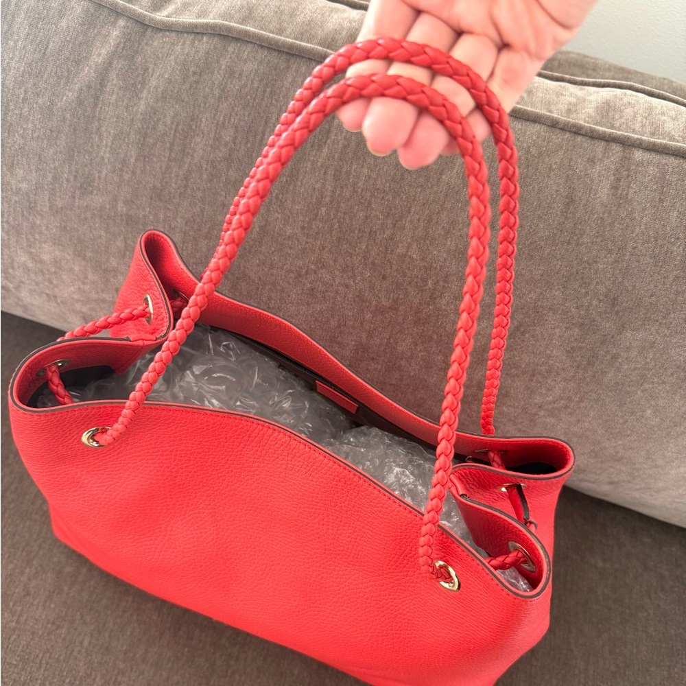 Authentic Gucci Gifford Tote Bag coral red leather large size braided handles - Picture 11 of 16